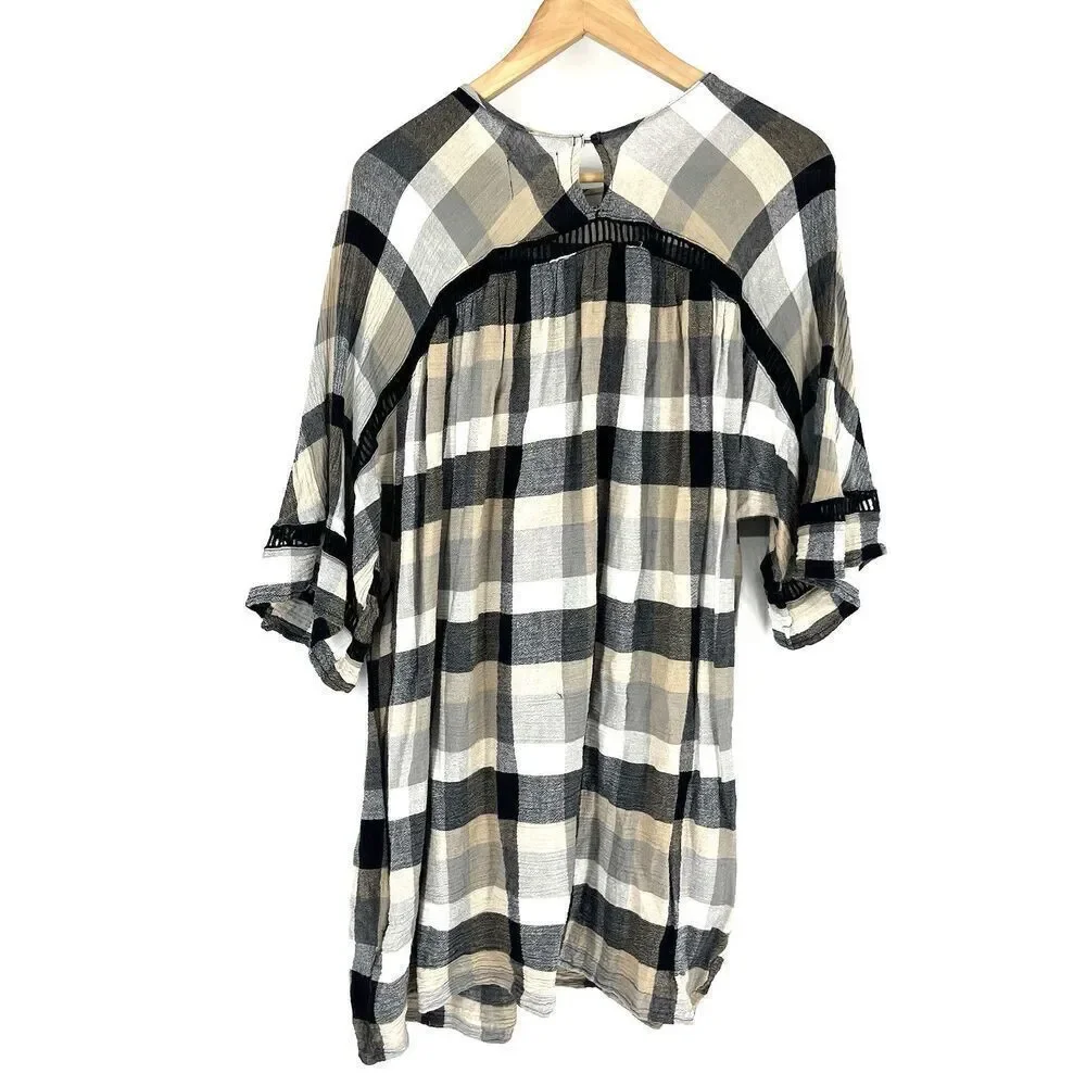 Maeve Anthropologie Dress Size Small Black White Plaid Kimono Tunic Pockets